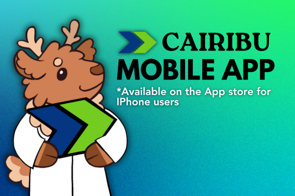 CAIRIBU Mascot Lou next to text of: "CAIRIBU Mobile App, *Available on the App store for IPhone users"