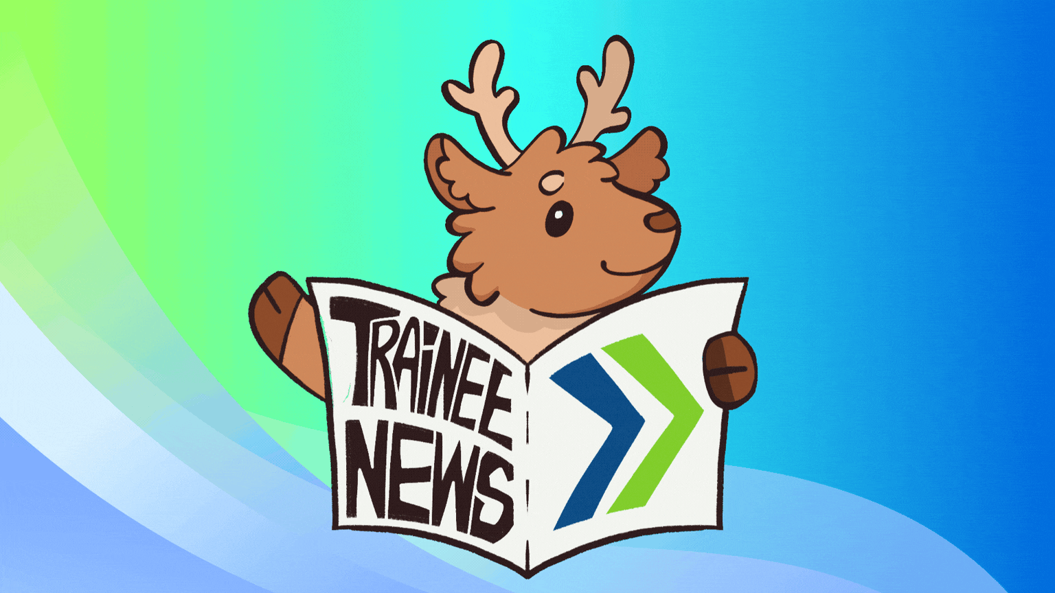 CAIRIBU Mascot Lou waving and holding a newspaper that says Trainee News