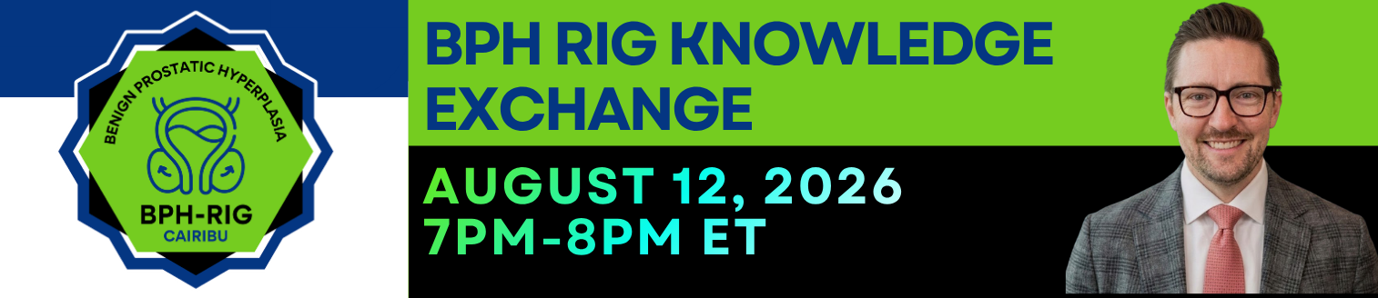 Alex Glaser wears a plaid jacket, pink tie, and glasses. Text reads "BPH RIG Knowledge Exchange. August 12, 2026. 7pm - 8pm ET." CAIRIBU BPH logo.