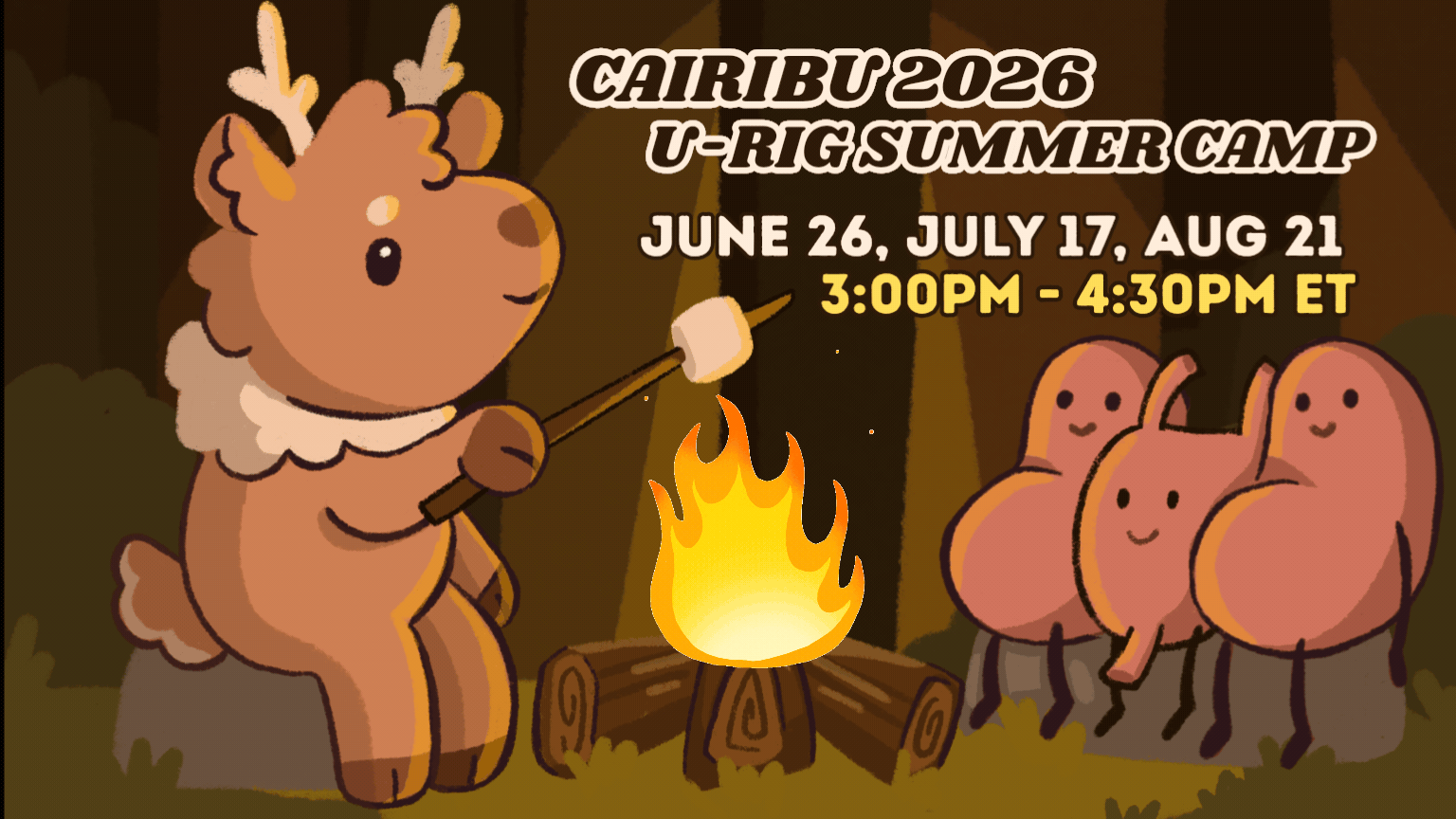 Gif of CAIRIBU mascot Lou at a campfire with kidneys and bladder