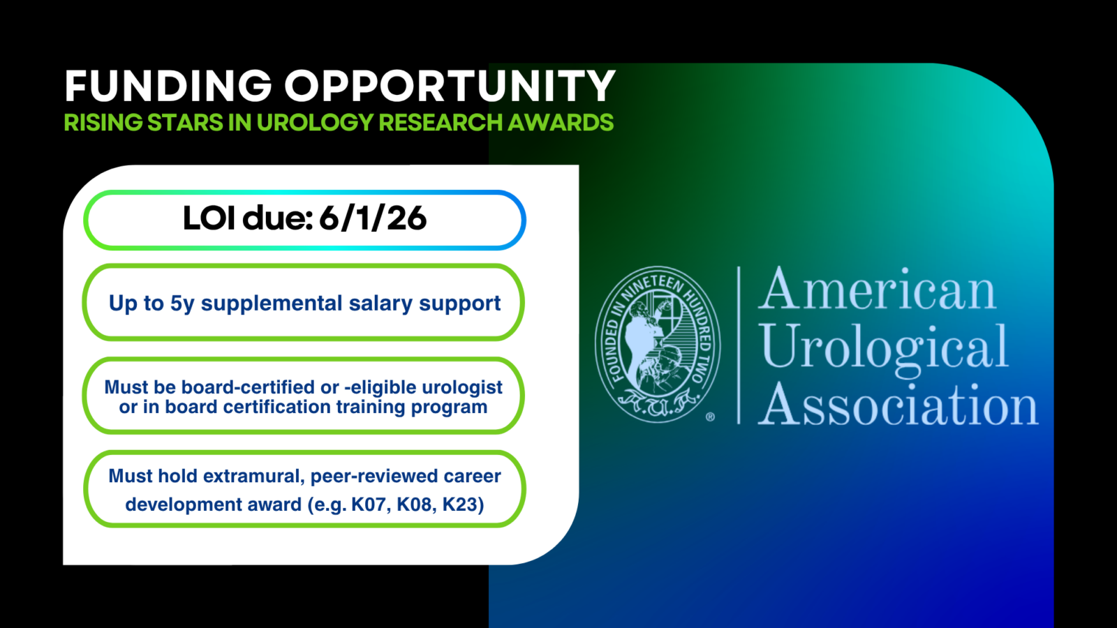 American Urological Association logo on gradient green and blue background. Text reads "Funding opportunity: Rising Stars in Urology Research Awards. LOI due June 1, 2026. Up to 5 years supplemental salary support, must be board certified or eligible urologist or in board certification training program. Must hold extramural, peer-reviewed career development award (e.g. K07, K08, K23)"