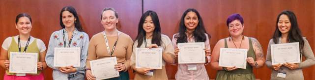Names listed from left to right: Stella Davis, Monique Bittencourt Dias, Juliette Kudrick, Rena Yang, Ujjaini Basu, Audra Crouch, PhD, and Sonia Whang, PhD