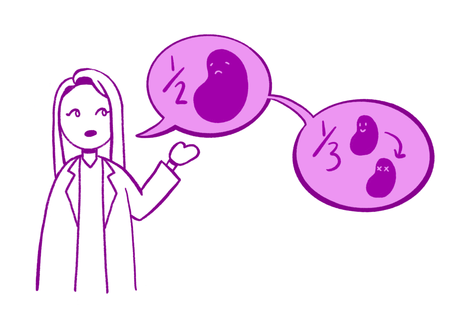 drawing of Dr. Bhatia talking about how "At least half the patients progress to chronic kidney disease, and a third will end up with a transplant"