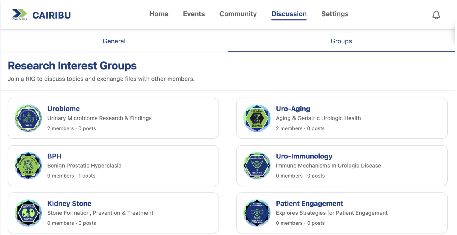screenshot of the Research Interest Groups dedicated spaces on the CAIRIBU web app